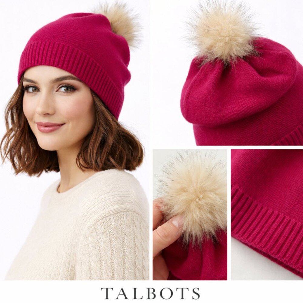 Talbots Lambswool Pink Knit Beanie Faux Fur Pom Winter Hat